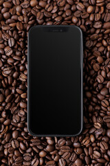 Black telephone with copy space on background from coffee beans