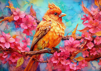 Beautiful bird perched on a branch of a cherry blossom tree, alcohol ink and impasto style painting, Generative Ai - 620947034