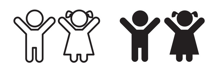 Child icon set. Boy and girl kids vector pictogram. Happy little two children play in playground sign. - obrazy, fototapety, plakaty