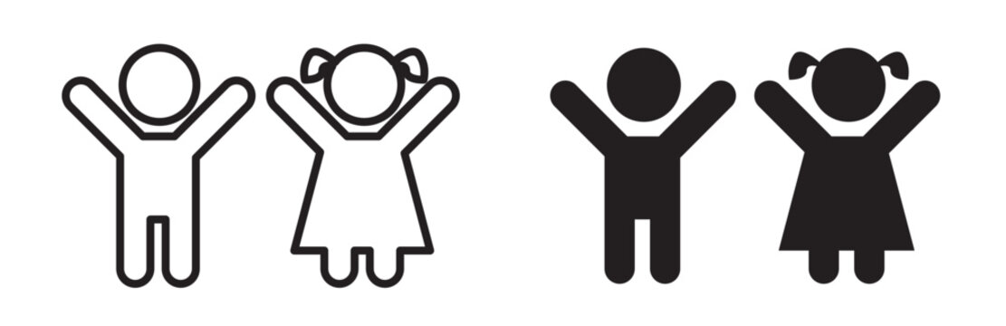 Child icon set. Boy and girl kids vector pictogram. Happy little two children play in playground sign.