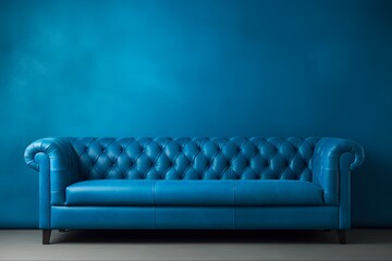 Blue Tufted Sofa Mock-Up Poster in Modern Interior Design Space | Horizontal. Generative AI