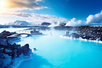 Crystal Clear Waters of Blue Lagoon - A Cool Arctic Attraction with Stunning Earth Background at Reykjavik, Iceland: Generative AI - obrazy, fototapety, plakaty