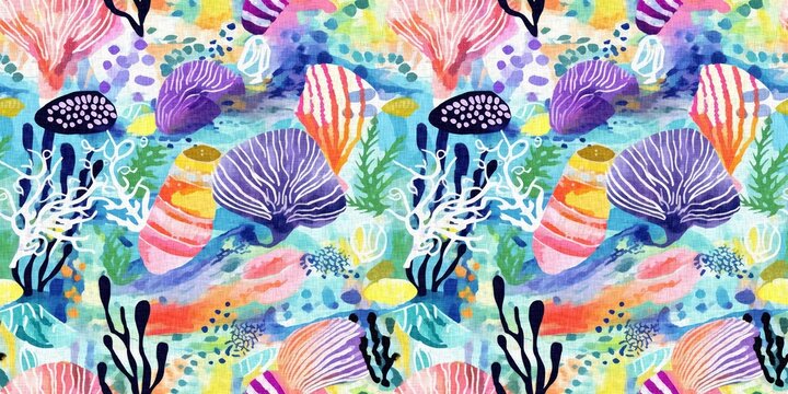  Seamless trendy underwater shell clam repeat background. Tropical modern seashell coastal pattern clash fabric coral reef border print for summer beach textile banner edge with a linen cotton effect.