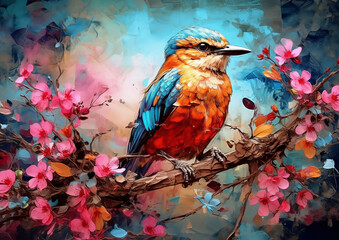 Beautiful bird perched on a branch of a cherry blossom tree, alcohol ink and impasto style painting, Generative Ai