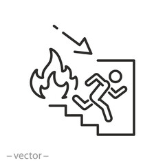 fire exit icon, direction of movement in case of fire, evacuation stairs, arrow down, thin line symbol - editable stroke vector illustration