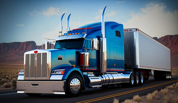 American Truck Simulator Kenworth, American style truck on freeway pulling load. Transportation theme.