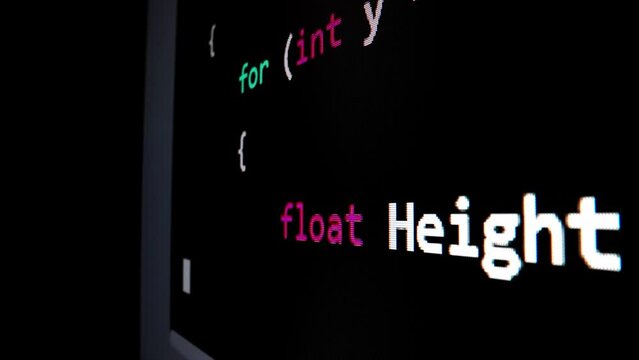 Closeup macro shot movement of coding script moving across LED screen with real-time AI-generated typing, showcasing advanced AI learning in optimization, debug and coding for software development.