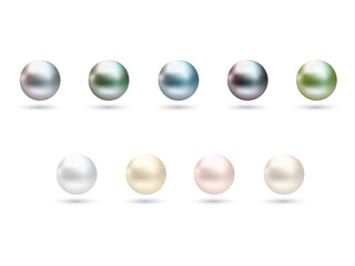Realistic pearls set. Round white, bluish-gray, black, formed inside the shell of a pearl oyster, a gemstone. Vector illustration. eps 10