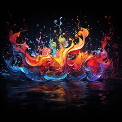 Music stave and treble clef colorful splash on black background with copy space