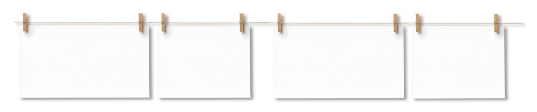 White Blank Empty Paper Sheet Attached With Wooden Wood Pegs On String On Transparent Background Cutout, PNG File. Mockup Template For Artwork Design. 
