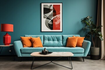 A living room with a blue couch and orange pillows. AI