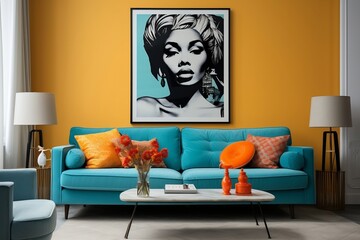 A living room with a blue couch and orange pillows. AI