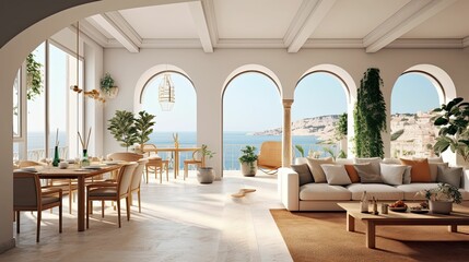 Fototapeta premium Mediterranean-inspired living room and dining room design space with modern furniture and indoor plants. Open plan, sea view, Generative AI