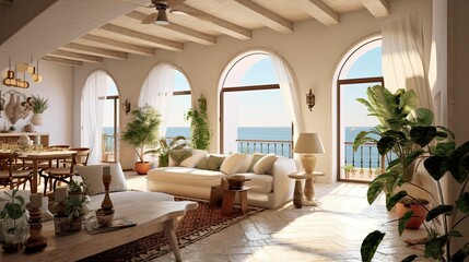 Fototapeta premium Mediterranean-inspired living room and dining room design space with modern furniture and indoor plants. Open plan, sea view, Generative AI