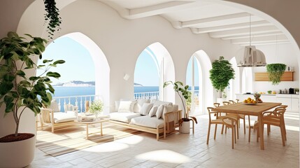 Fototapeta na wymiar Mediterranean-inspired living room and dining room design space with modern furniture and indoor plants. Open plan, sea view, Generative AI