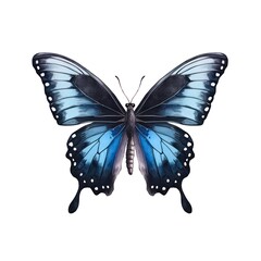 Beautiful dark blue butterfly isolated on white background in watercolor style. Generative AI.