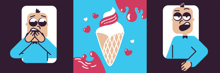 Popsicles in a waffle cone in cartoon graphic style. Favorite summer refreshing dessert. Emotion of indifference and delight. A refreshing treat for kids and adults. Design for advertising ice cream. - obrazy, fototapety, plakaty