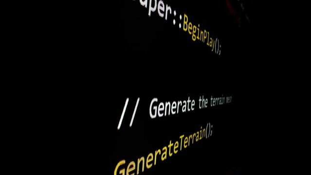 Closeup macro shot movement of coding script moving across LED screen with real-time AI-generated typing, showcasing advanced AI learning in optimization, debug and coding for software development.