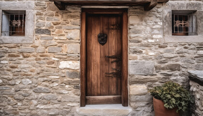 Fototapeta na wymiar Entrance rustic wooden door on the facade of a stone cozy country house or cottage. AI generated