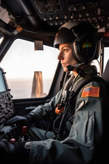 Woman pilot in the cockpit of a helicopter, Unusual profession, generated AI