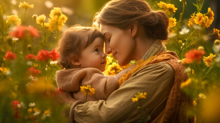 Mother's Day, portrait of a mother and child on a flowery meadow in nature, made with Generative AI