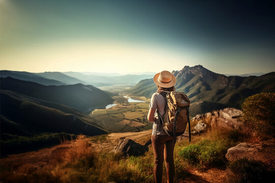 Rear view of female hiker with backpack looking out over a landscape. IA generative