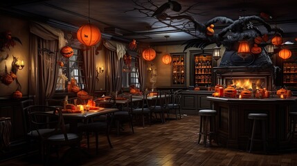 Halloween restaurant interior with dim lighting, spooky decor, and ghostly waitstaff.