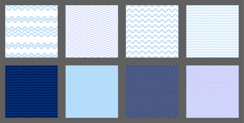 Sea waves abstract seamless pattern set. Water background.