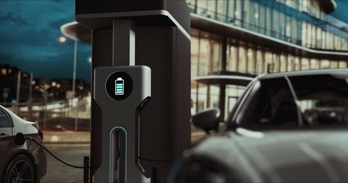 Charge station for electric cars. Electric cars at charging station