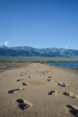 footprints on sand on the beach with mountains with blue sky