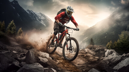 An adventurous mountain biker races down a rocky path.