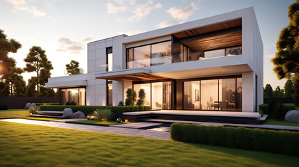 Fototapeta na wymiar Modern house exterior daylight with lawn grass, Generative AI technology