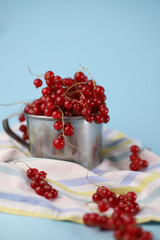 fresh summer sweet and healthy red currant in a tin mug on a pale blue background and with a striped blue cloth napkin next to it. for postcards, flyers, banners, splash screens, stickers, etc.