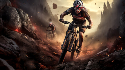 He pedals furiously, leading the pack of mountain bikers.