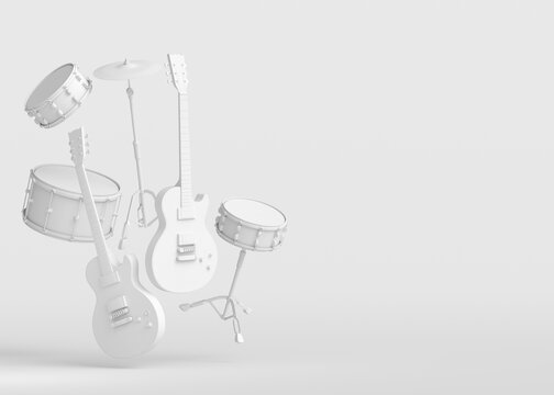 Set of electric acoustic guitar and drums with metal cymbals on monochrome