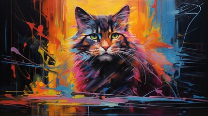 Vibrant Feline Strokes: Neon Oil Painting of a Cat in Expressive Brushwork - 16:9 Art