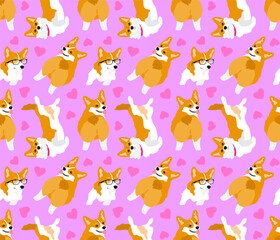 Corgi breed dog on a bright light pink background with hearts. Animal seamless pattern, vector illustration