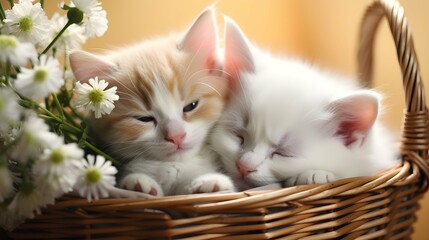 Obraz premium Two cute little kittens in a basket with flowers, close-up. Generative AI.