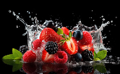 Fototapeta na wymiar Mix berries Red berry, strawberries, raspberries, blackberries, blueberries with liquid as Healthy food concept. Fresh forest fruit, berries fruits with water splash on dark background. Generative Ai