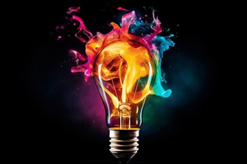 Creative light bulb explodes with colorful paint and colors. New idea, brainstorming concept - obrazy, fototapety, plakaty