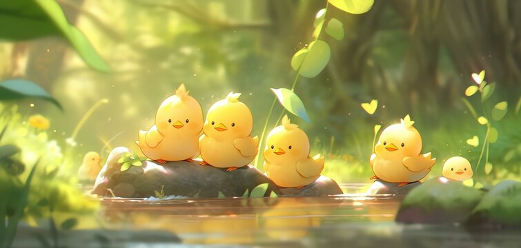 anime style a few super cute little yellow ducks hiding in forest lake, chibi animation style illustration. generative AI 