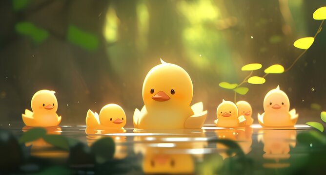 anime style a few super cute little yellow ducks hiding in forest lake, chibi animation style illustration. generative AI 