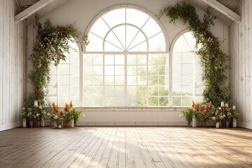 Wedding backdrop aesthetic flower decoration indoor studio background AI Generated