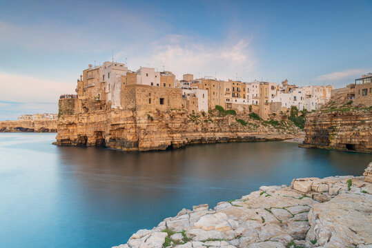 Polignano a Mare coastal town at dusk, Bari, Apulia, Adriatic Sea Sea