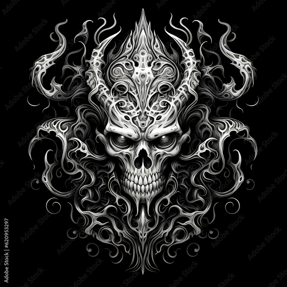 Wall mural skull horn flame fire black and white tattoo illustration