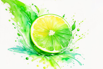 Watercolor Ripe Lemon Fruit Illustration with Green Leaves and Colorful Paint Splash Isolated on White Background. Aquarelle Wallpaper Design for Banner, Poster, Invitation, Menu or Card. AI Generated