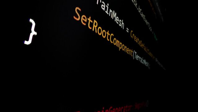 Closeup macro shot movement of coding script moving across LED screen with real-time AI-generated typing, showcasing advanced AI learning in optimization, debug and coding for software development.