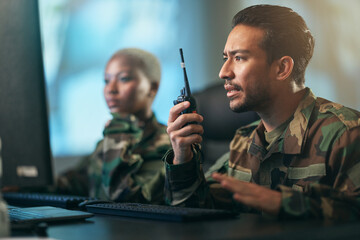 Walkie talkie, communication and military team at the station with computer giving directions....