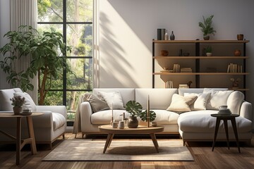 interior design spacious bright studio apartment in Scandinavian style and warm pastel white and beige colors. trendy furniture in the living area. 
Created using generative AI tools - obrazy, fototapety, plakaty
