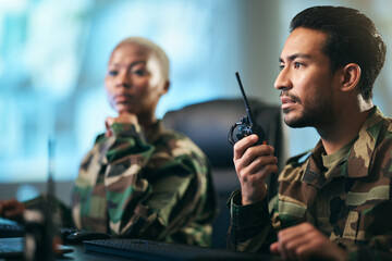 Walkie talkie, army and military team at the station with computer giving directions. Technology,...